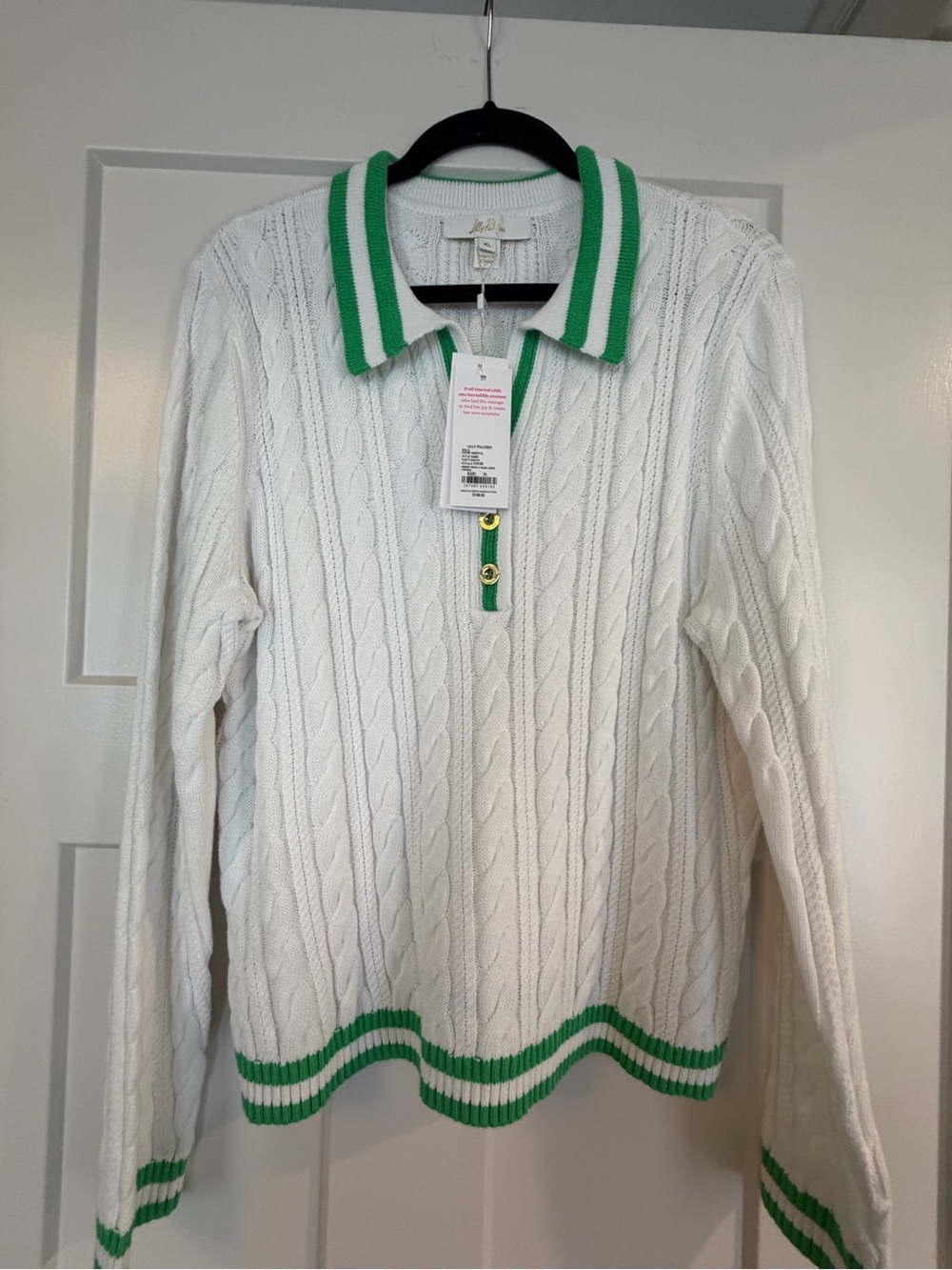 Lilly Pulitzer SUZETTE SWEATER RESORT WHITE X FAUNA GREEN TIPPING NWT Size XL